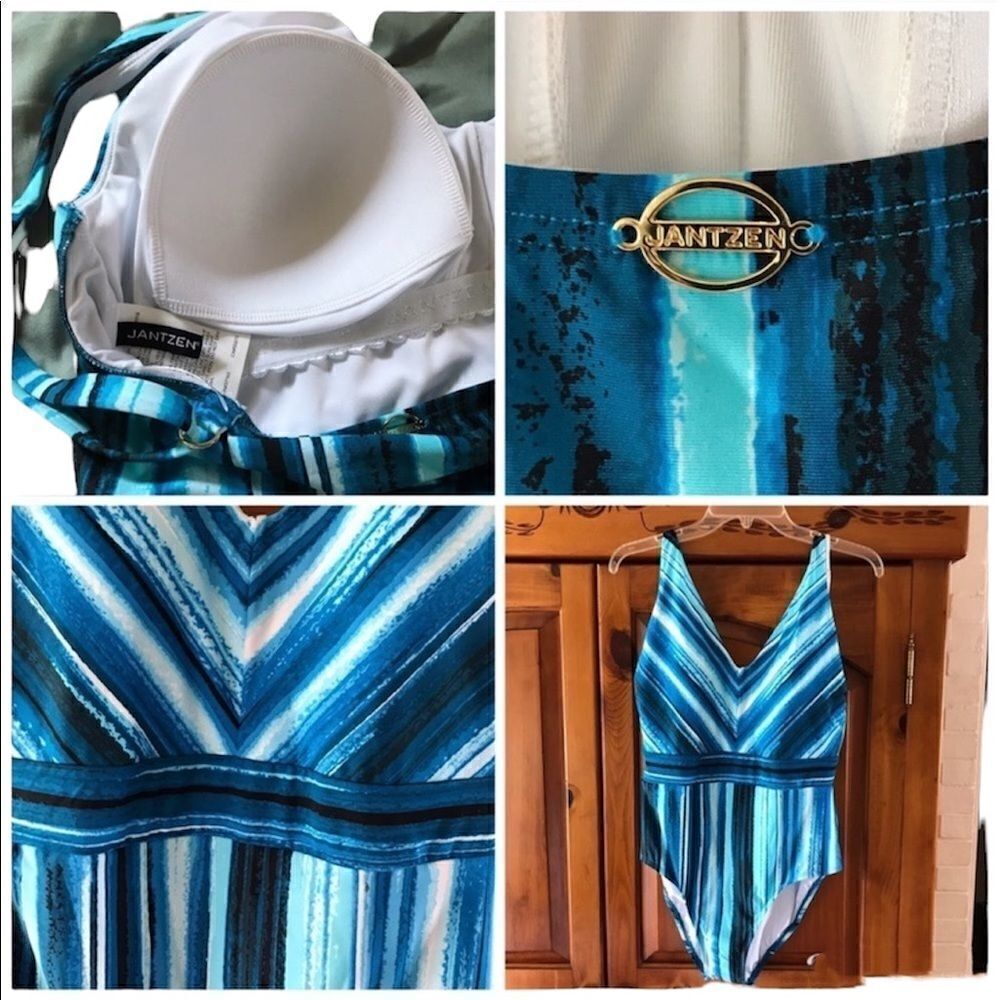 Jantzen bathing suit blue white striped slimming size 12